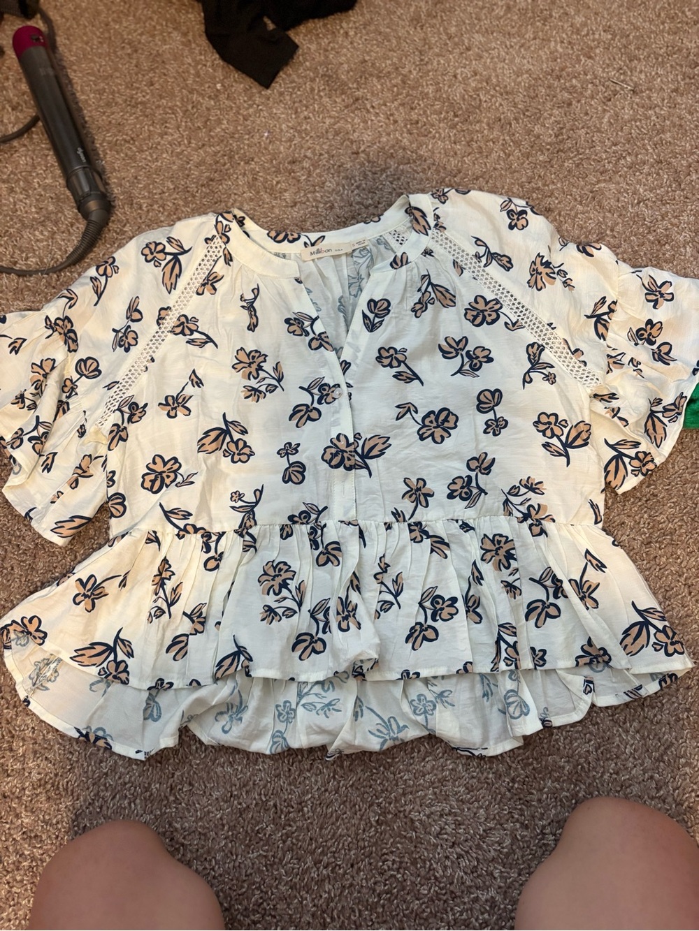 Millibon White Floral Peplum Blouse with Navy and Tan Flowers